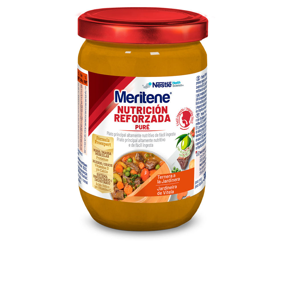 Meritene Glass jar of red-lidded veal purée showing meat and vegetables on informative white label