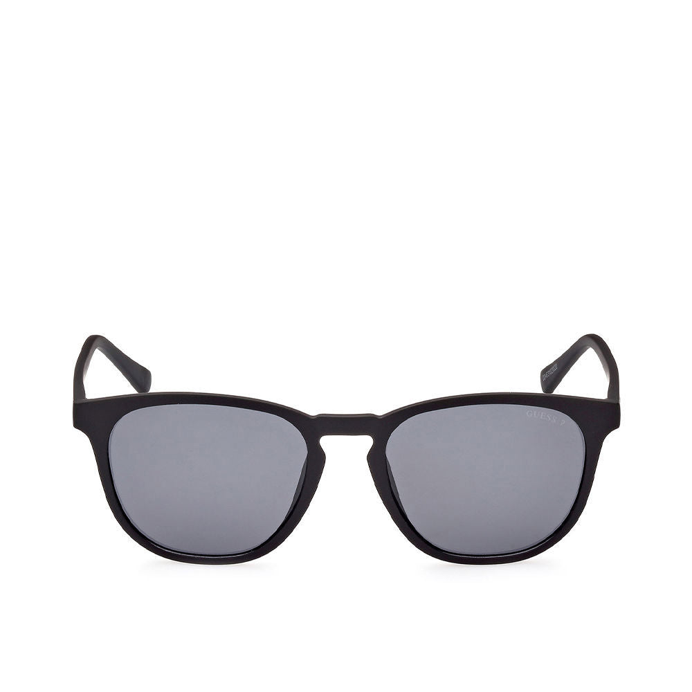 Glossy black square acetate sunglasses with slim temples, front view