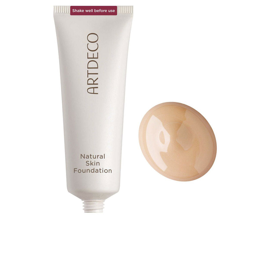 25 ml tube of warm beige tinted foundation, matte finish, recycled label