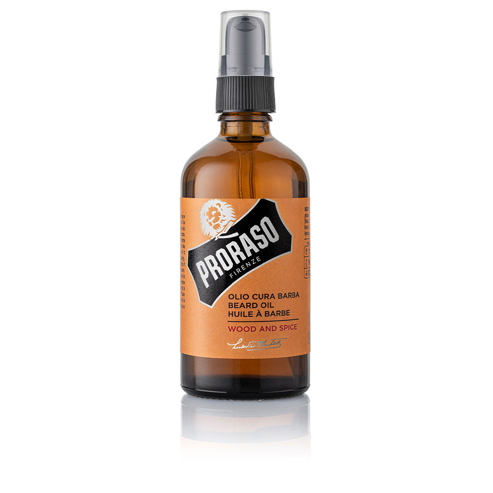 100 ml amber bottle of Wood & Spice beard oil with warm-wood fragrance notes
