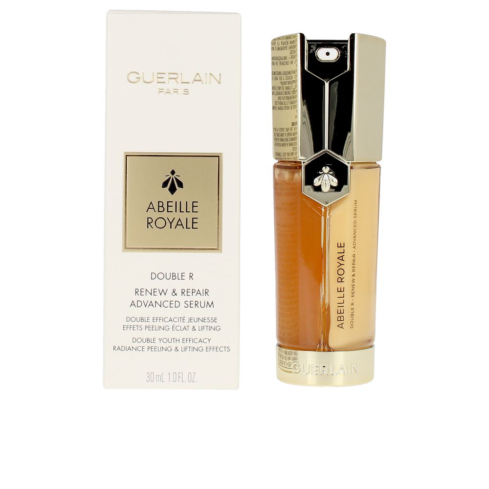Glass 30 ml dual-phase serum bottle with golden honey-colour liquid