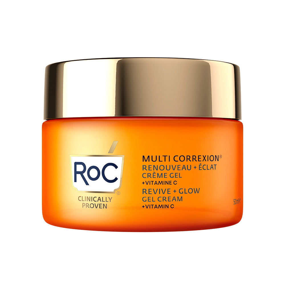 50 ml translucent gel-cream jar, pale peach gel, labelled Revive + Glow
