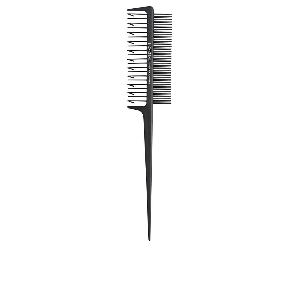 Dual‑sided black styling comb with fine teeth and wide hooked teeth for sectioning