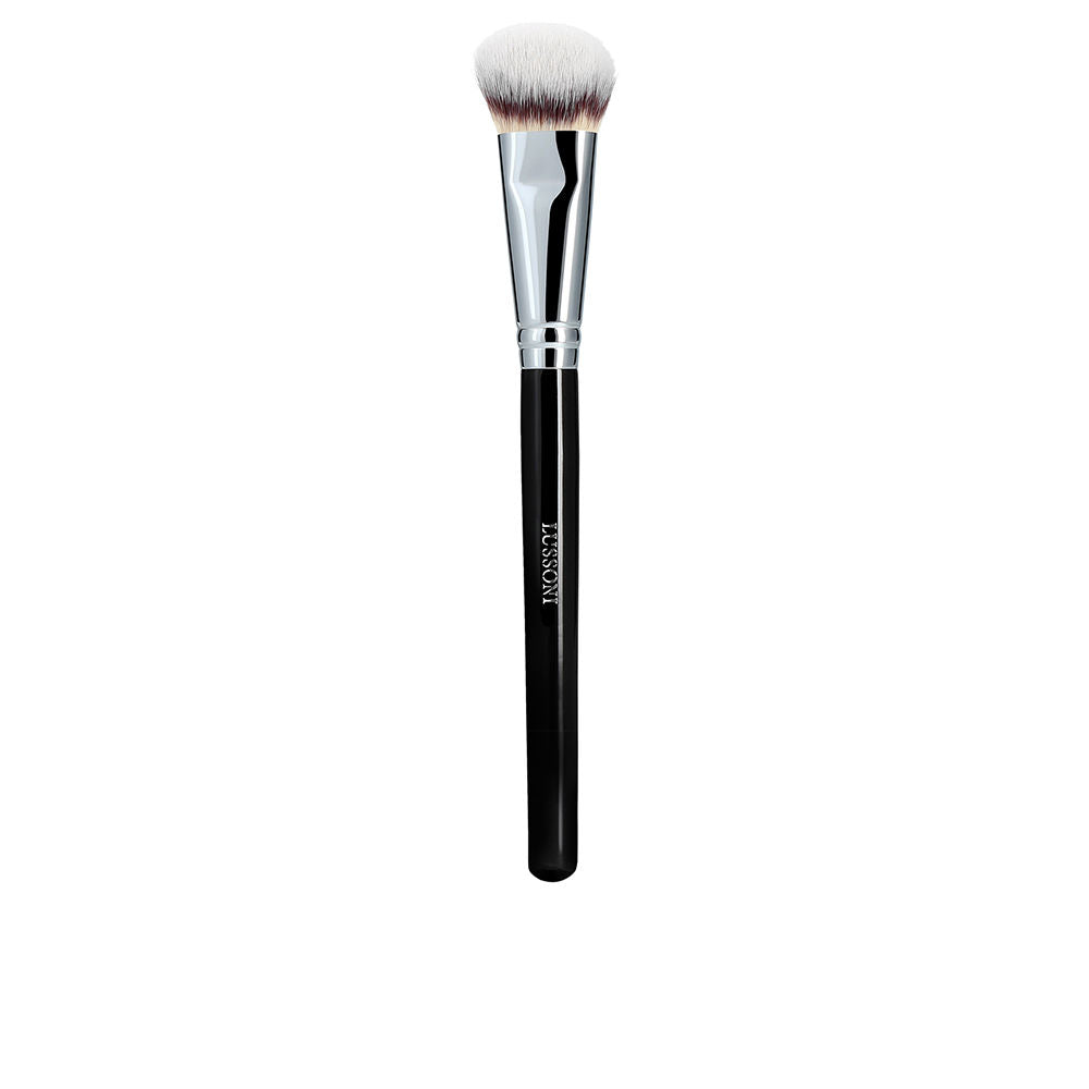 Small angled makeup brush with synthetic fibres, copper ferrule and varnished wooden handle