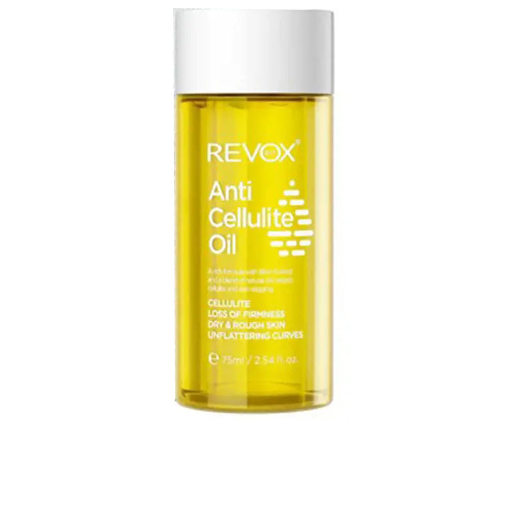 Glass bottle of golden anti‑cellulite body oil with birch and jojoba ingredients, 75 ml