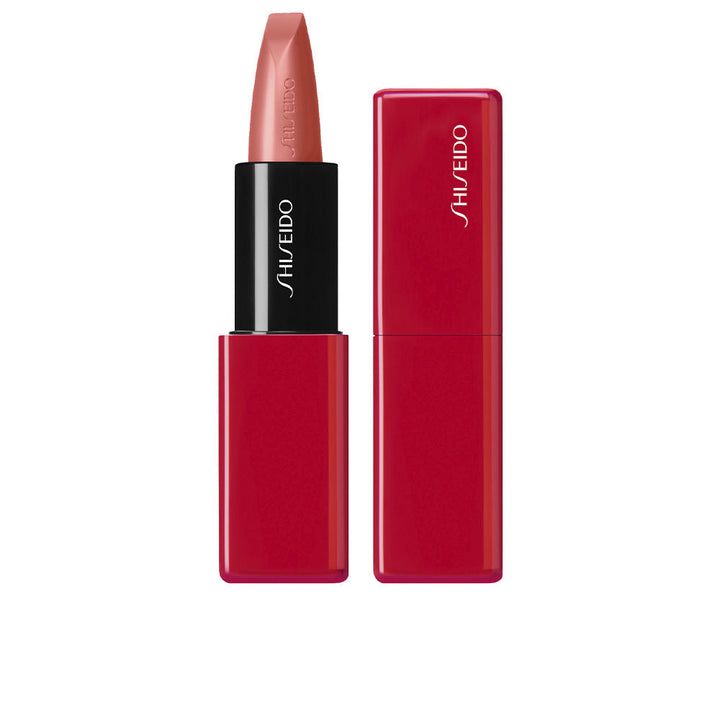 Slim bullet lipstick in muted red, contoured applicator visible, 3.3 g tube