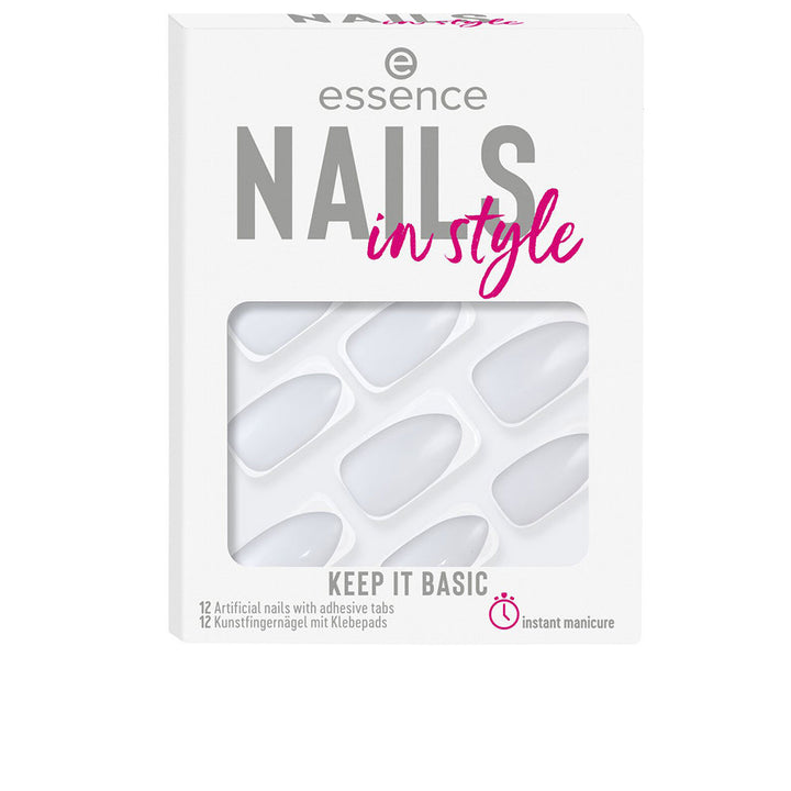 Set of 12 matte neutral press-on nails with adhesive tabs, packaged for quick application