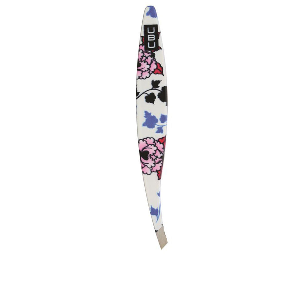 Polished angled stainless-steel tweezers with vibrant finish, compact grooming tool