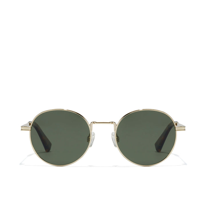 Gold round metal sunglasses with deep green polarised lenses, unisex style