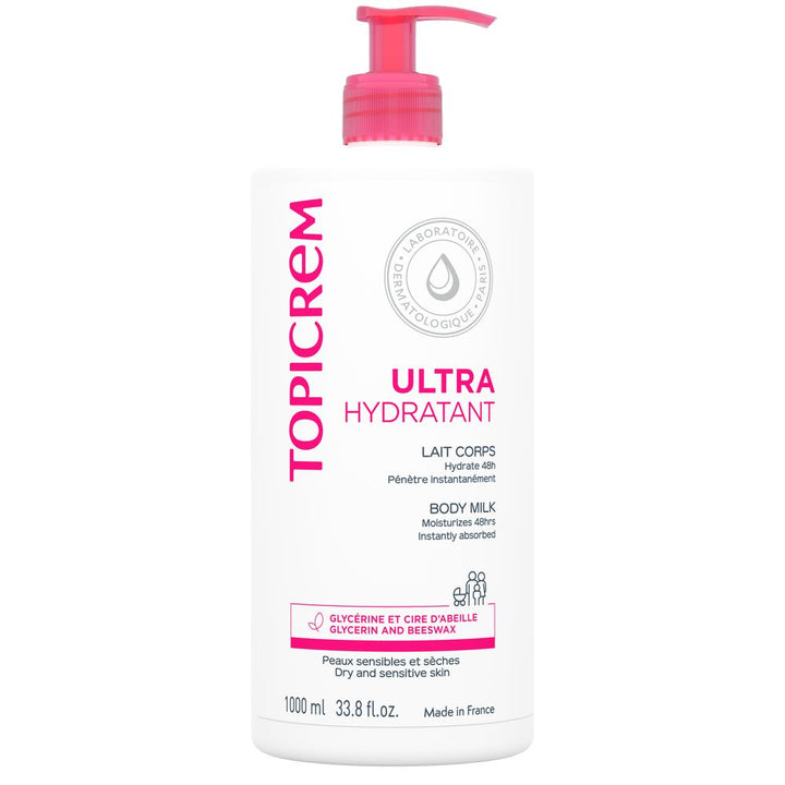 White 1000 ml body milk bottle with pump, labelled for Unisex hydration