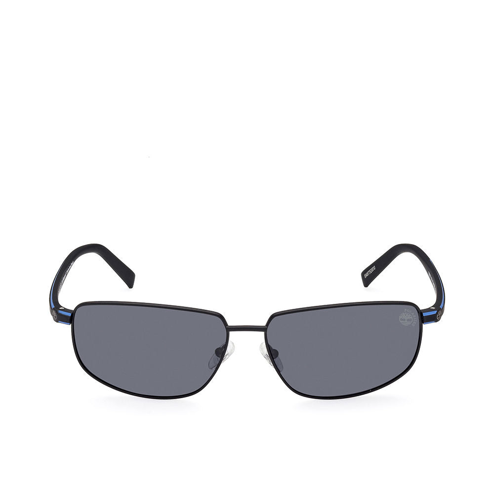 Matte black rectangular metal sunglasses with polarised grey lenses, 65mm lens