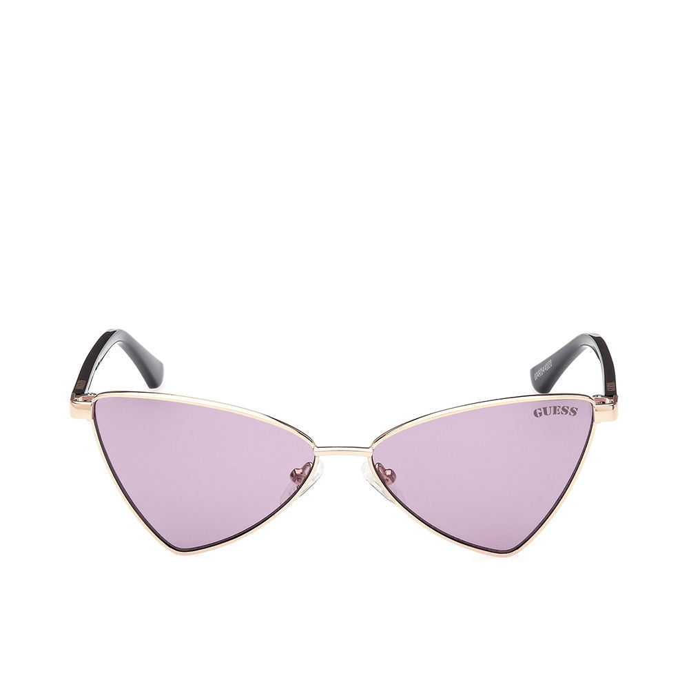 Rose‑gold metal geometric sunglasses with violet lenses, 55mm diameter, 135mm temples