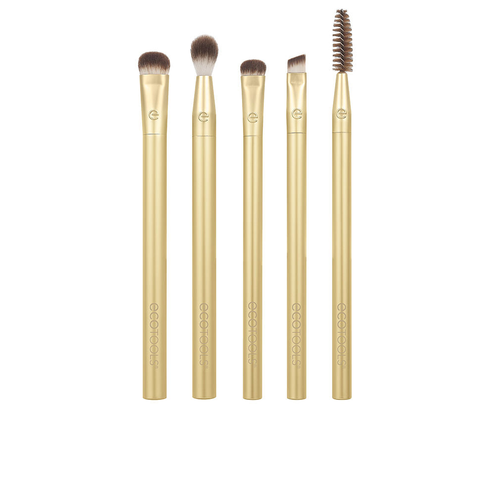 Ecotools Five-piece gold eye brush set with long metallic handles, varied rounded and angled heads, embossed logo