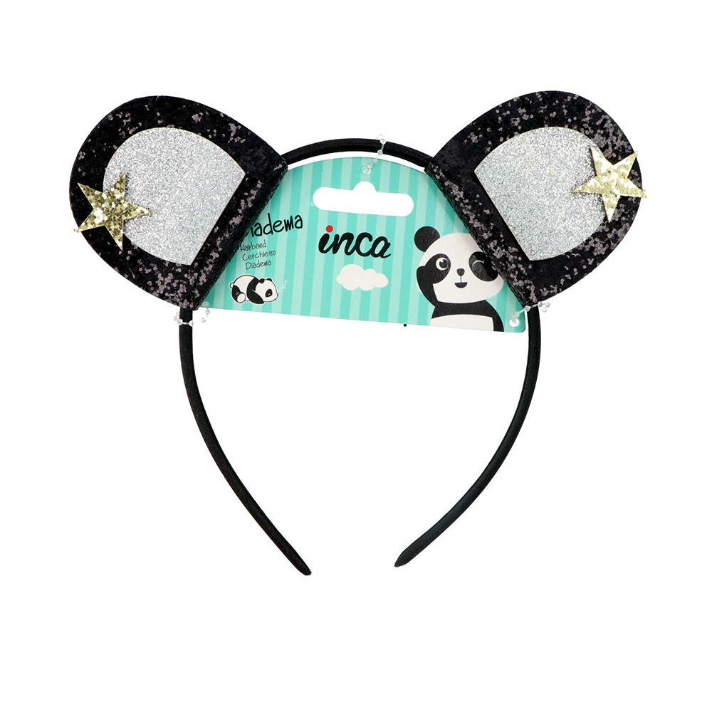 Inca Black fabric headband with glittery panda ear shapes and gold star embellishments, playful costume accessory