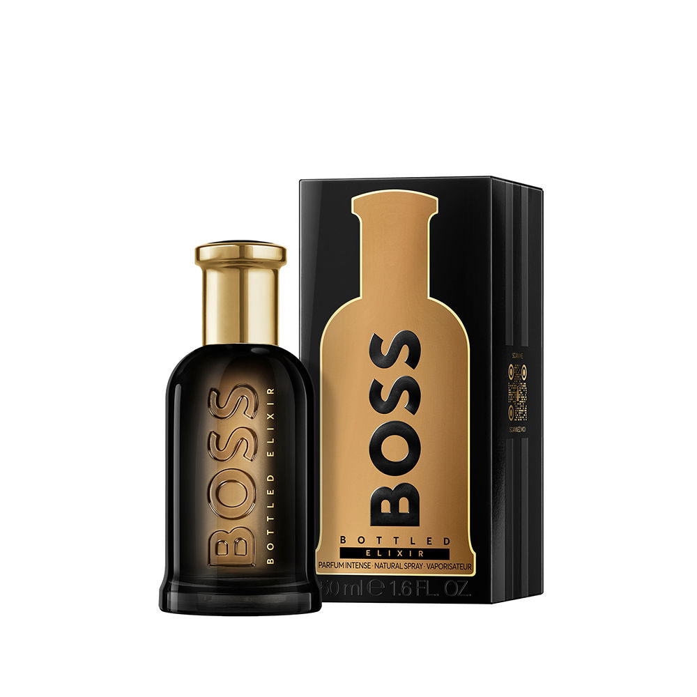 Glossy black glass parfum bottle with brushed gold cap, 100 ml vial