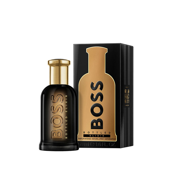 Glossy black glass parfum bottle with brushed gold cap, 100 ml vial