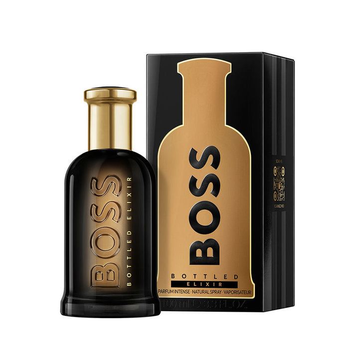 Glossy black glass parfum bottle with brushed gold cap, 100 ml vial