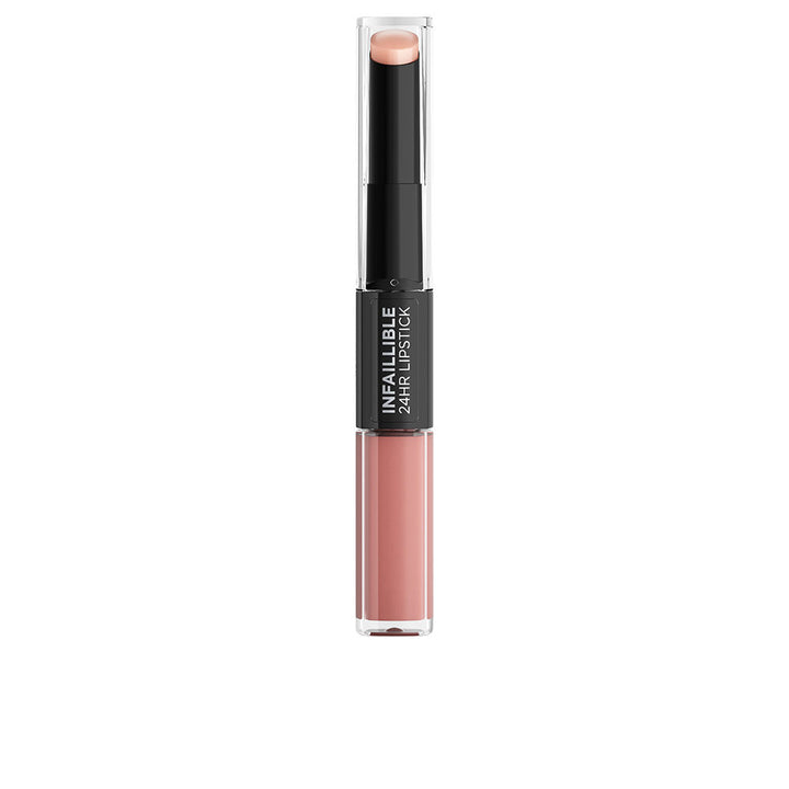 Satin finish long-wear lipstick tube and swatch, 5.7 g, vivid red shade