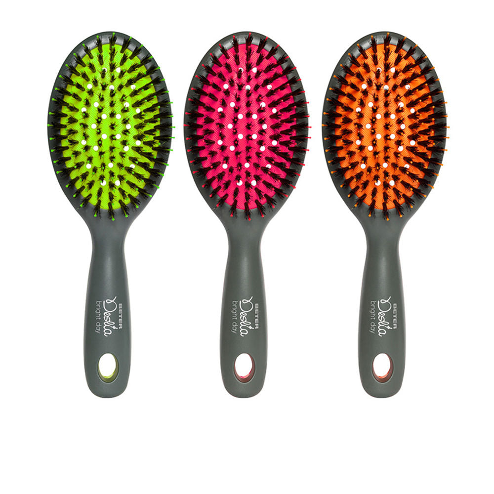 Pink pneumatic hair brush with TPE cushion pad and boar plus nylon bristles, single unit.