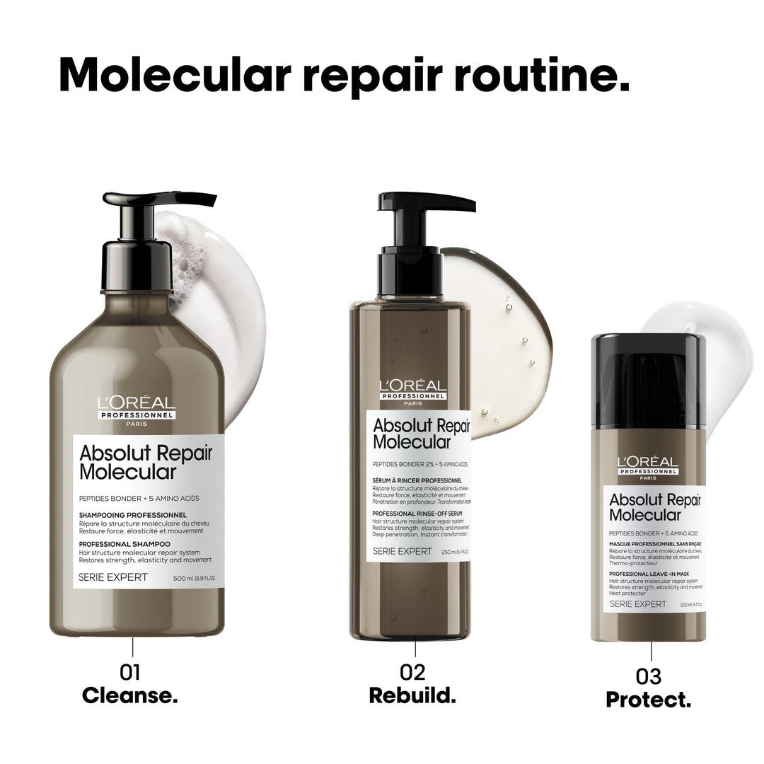 Clear pump serum bottle labelled Repairing Molecular, 250 ml, for damaged hair