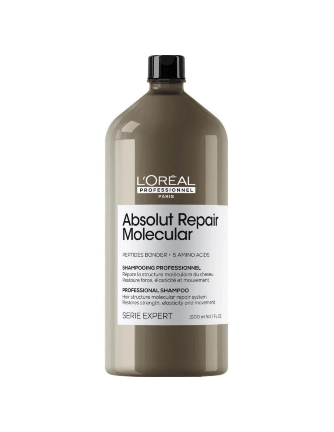 Tall 1.5 L refillable shampoo bottle, sulfate‑free repair formula, neutral label