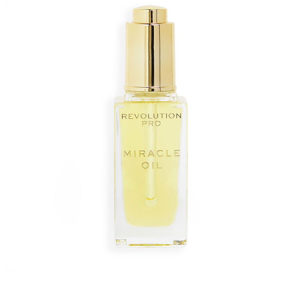 30 ml glass bottle of botanical face oil with pump, golden oil inside