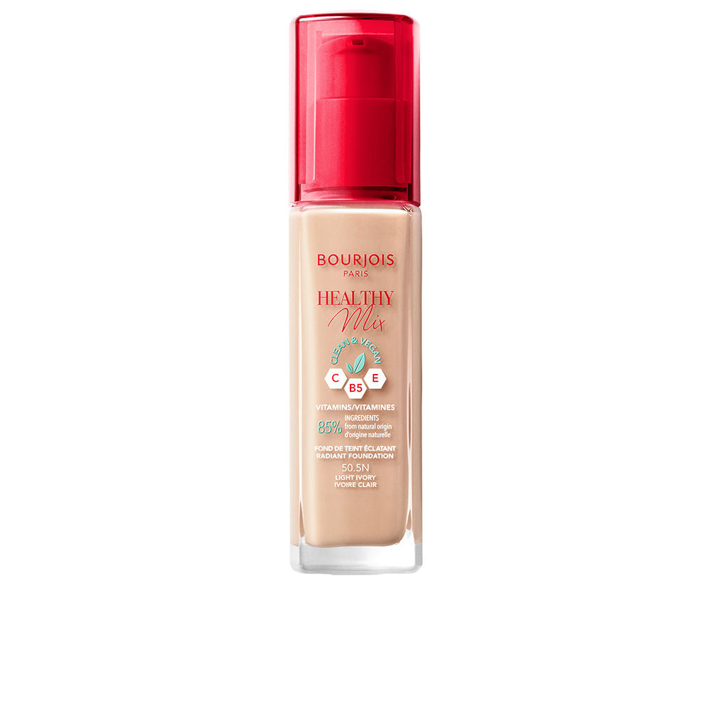 30 ml pump bottle of light ivory liquid foundation, radiant finish, recycled packaging