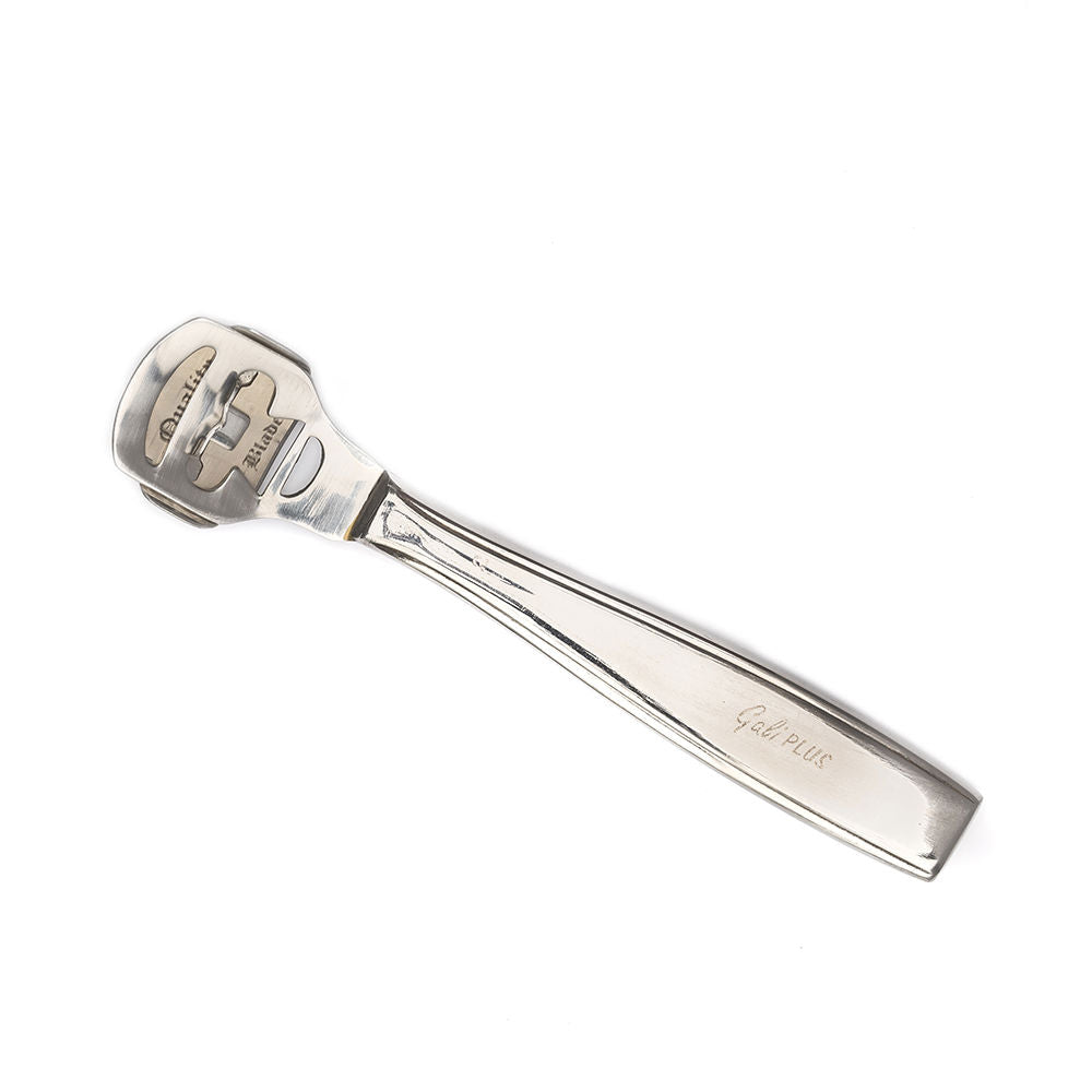 Stainless steel foot rasp with slim metal blade and ergonomic handle, single unit