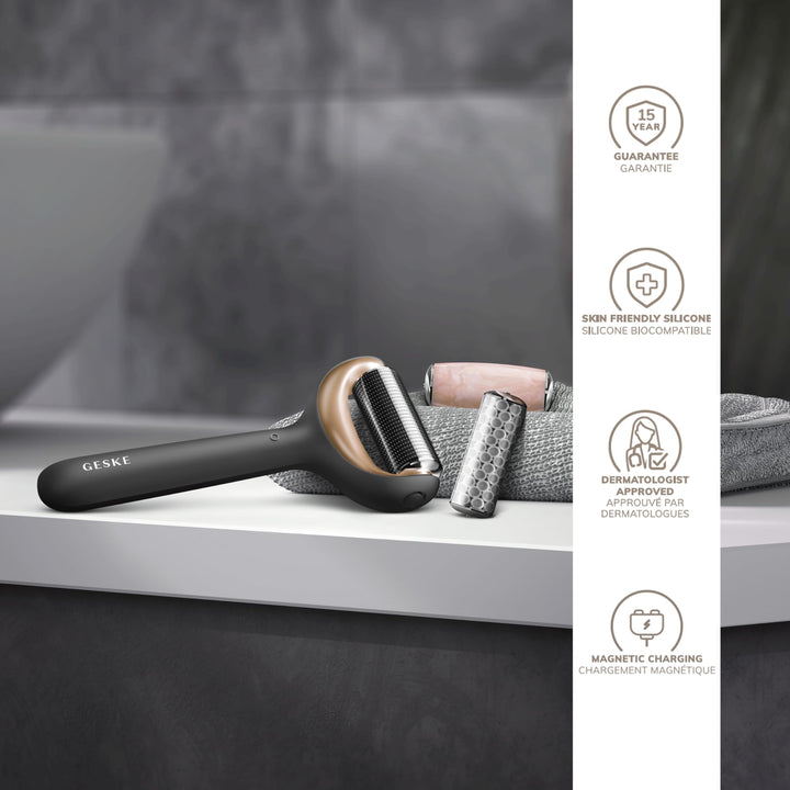 Black 8‑in‑1 smart microneedle facial and body roller with app guidance