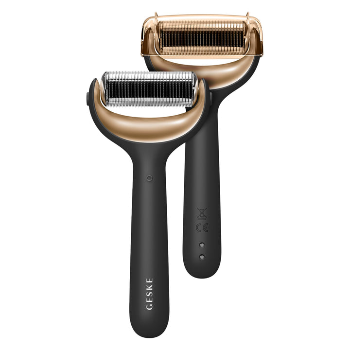 Black 8‑in‑1 smart microneedle facial and body roller with app guidance