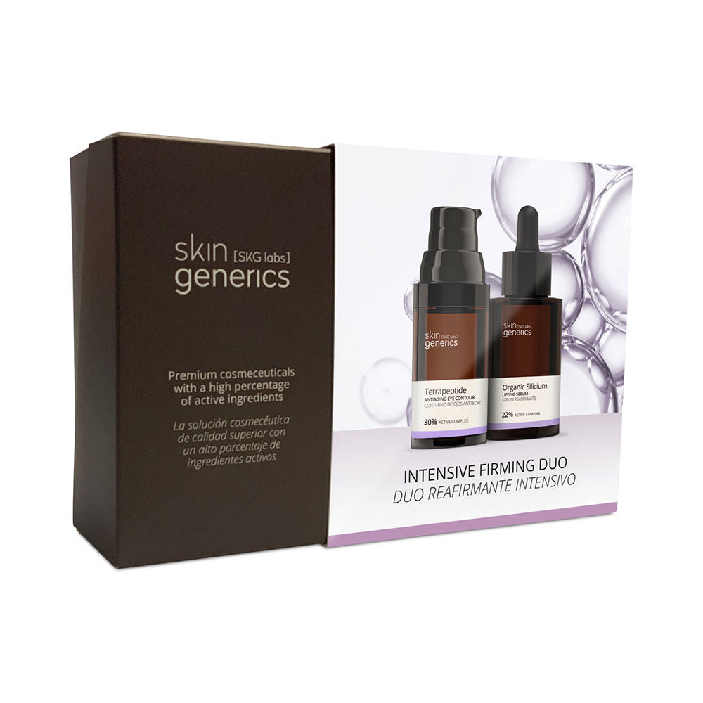 Skin Generics Two-bottle skincare serum set with pump and dropper, brown and black vessels, white labels, purple-accented box