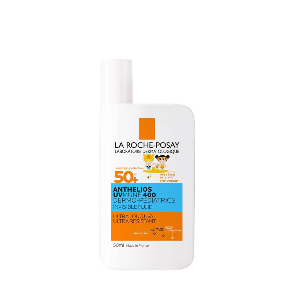 White plastic rectangular sunscreen bottle with pump, orange and blue accents, playful cartoon characters, la Roche Posay