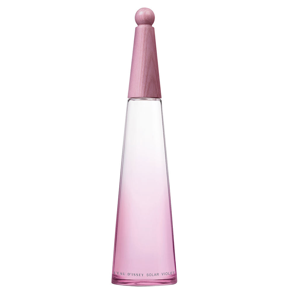 Transparent perfume bottle with soft purple tint, wooden cap, 100 ml