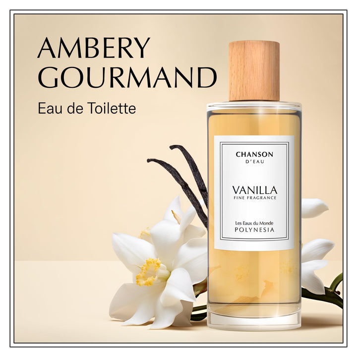 Clear perfume bottle with light amber liquid, 100 ml, Vanilla pear and apple scent for Women