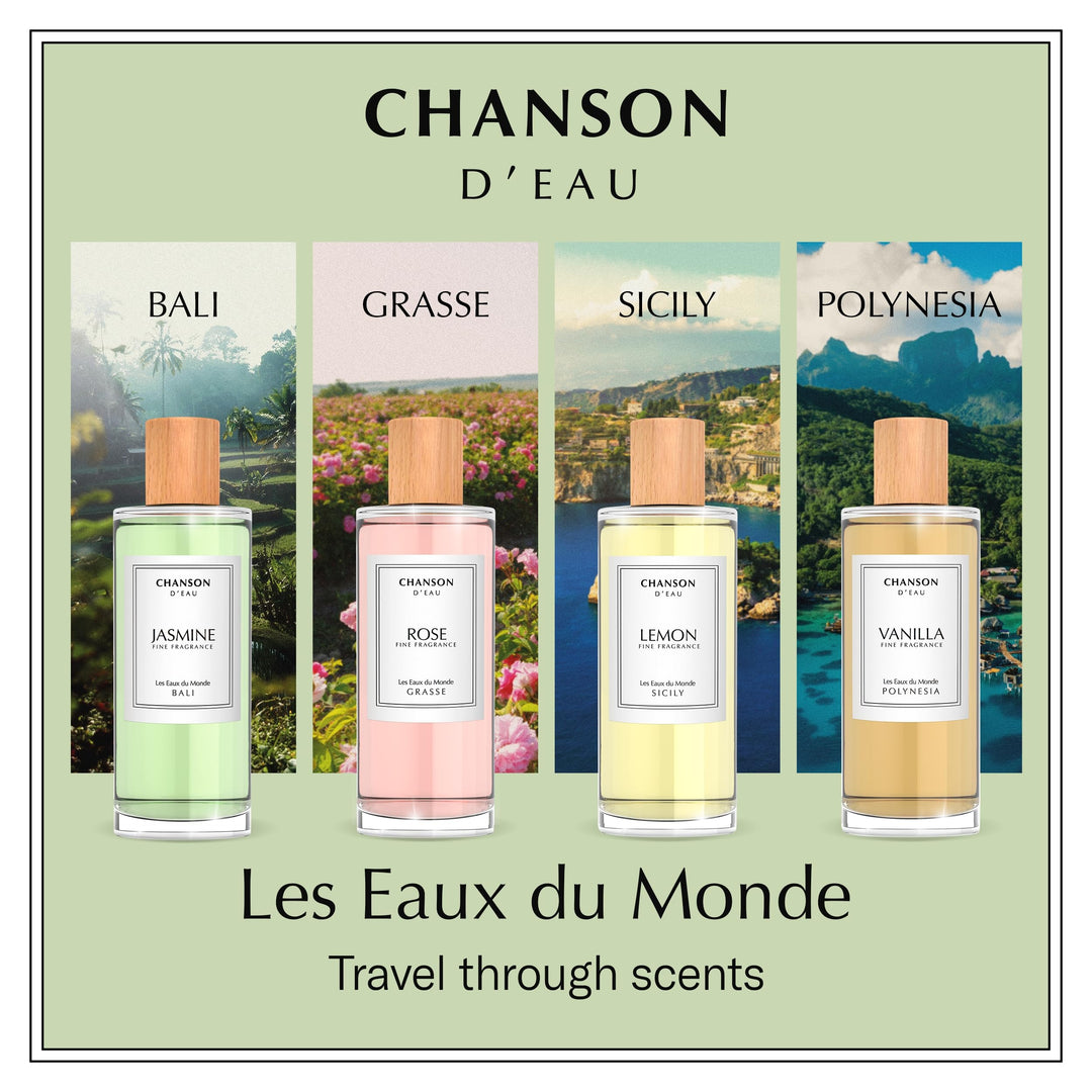 Clear perfume bottle with light amber liquid, 100 ml, Vanilla pear and apple scent for Women