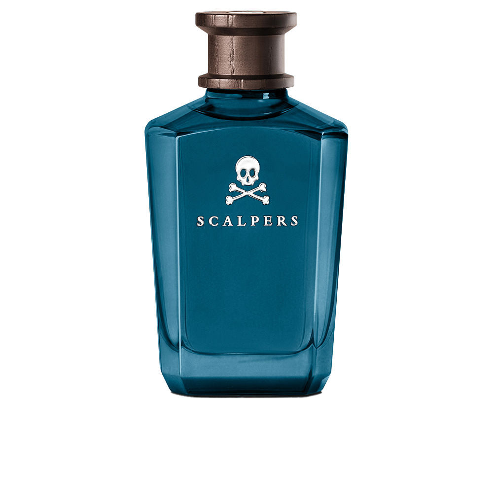 Scalpers Yacht Club eau de parfum bottle beside ocean-inspired backdrop