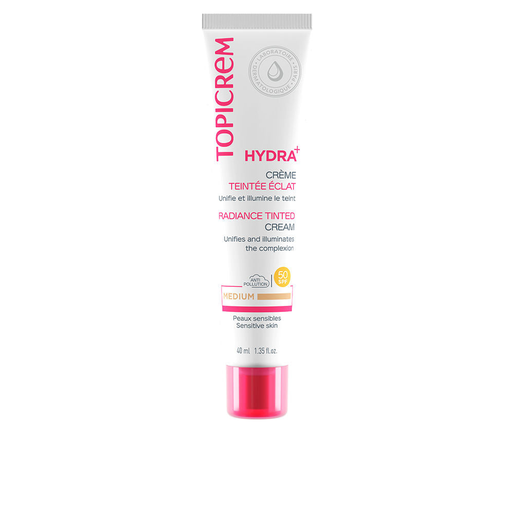 Topicrem Cream tube with white, pink, yellow plastic packaging, screw cap, minimalist modern design, SPF 50 visible