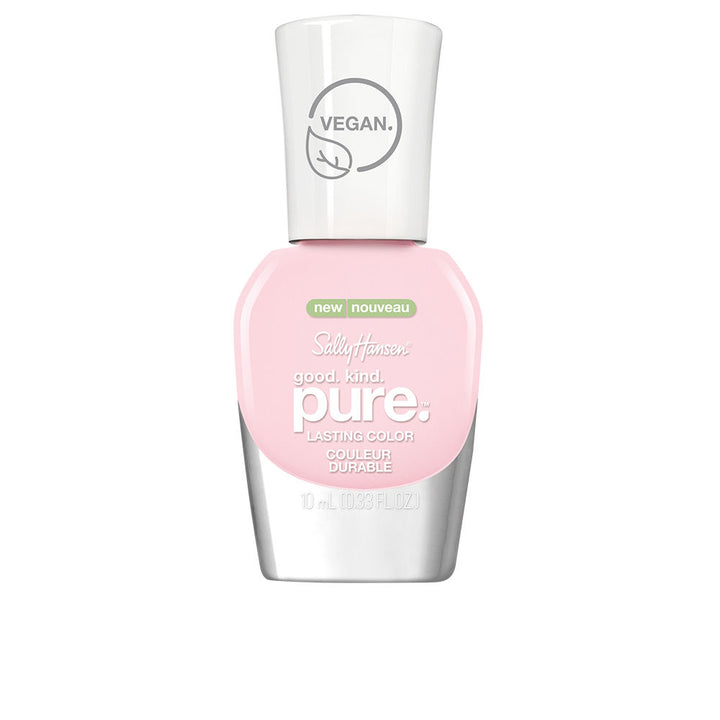 Small 10 ml bottle of sheer pink nail lacquer with tapered brush, plant-based formula