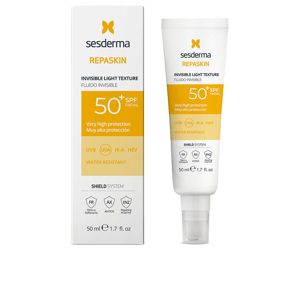 Sesderma Slim white and yellow pump tube with black accents, minimalist plastic facial sunscreen in box