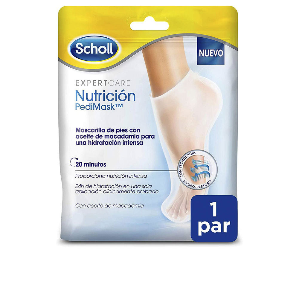 White foot-shaped hydrating mask in blue-yellow packaging with Spanish text and foot illustration, Scholl