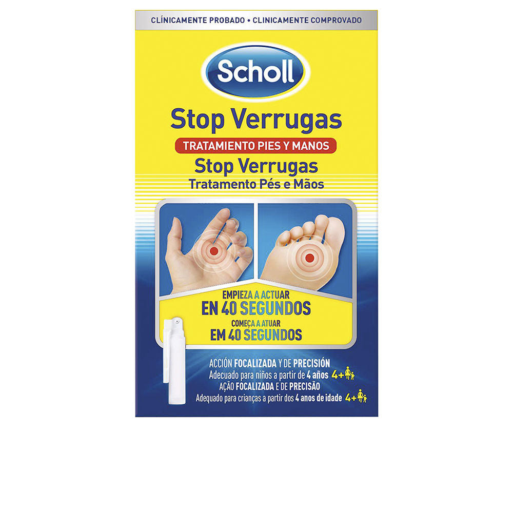 Yellow, blue, white, and red wart treatment spray bottle with target circles on hand and foot, brand Scholl