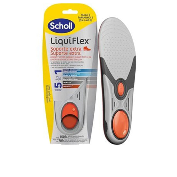 Pair of Scholl Liquiflex™ cushioned insoles showing layered construction and contoured shape