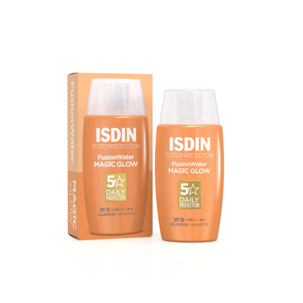 Isdin Fusion Water MAGIC GLOW SPF 30 lightweight facial sunscreen in clear fluid