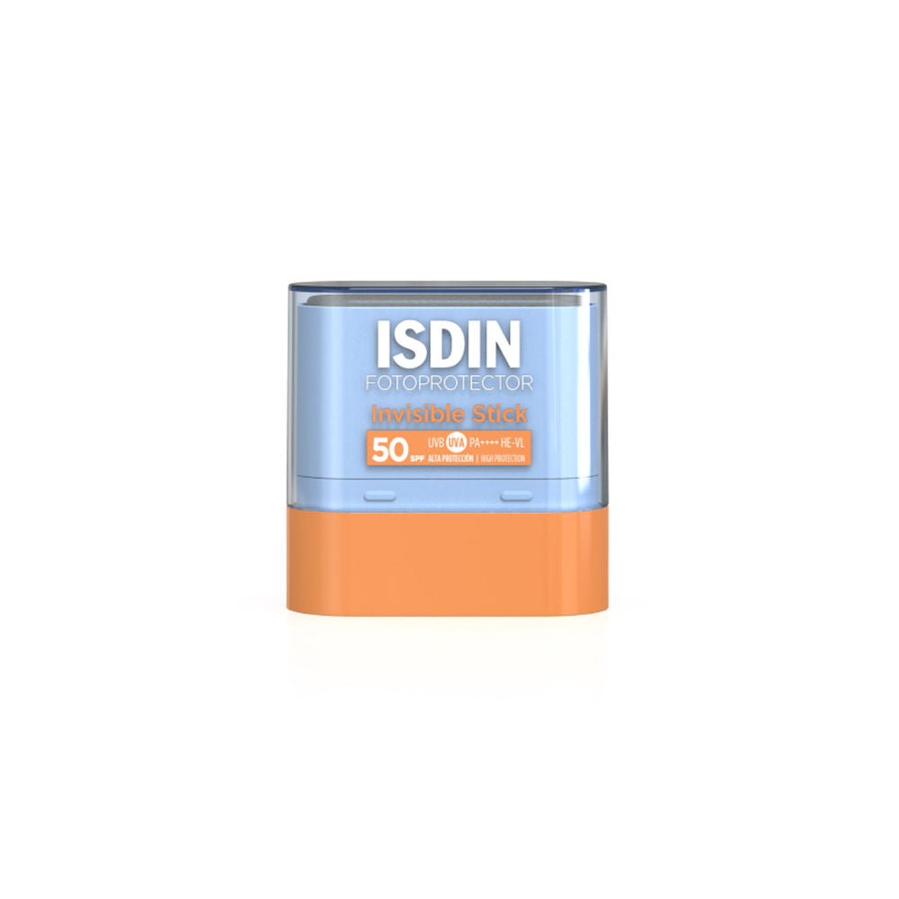 Isdin Compact rectangular sunscreen stick with transparent cap, blue and orange plastic, printed text