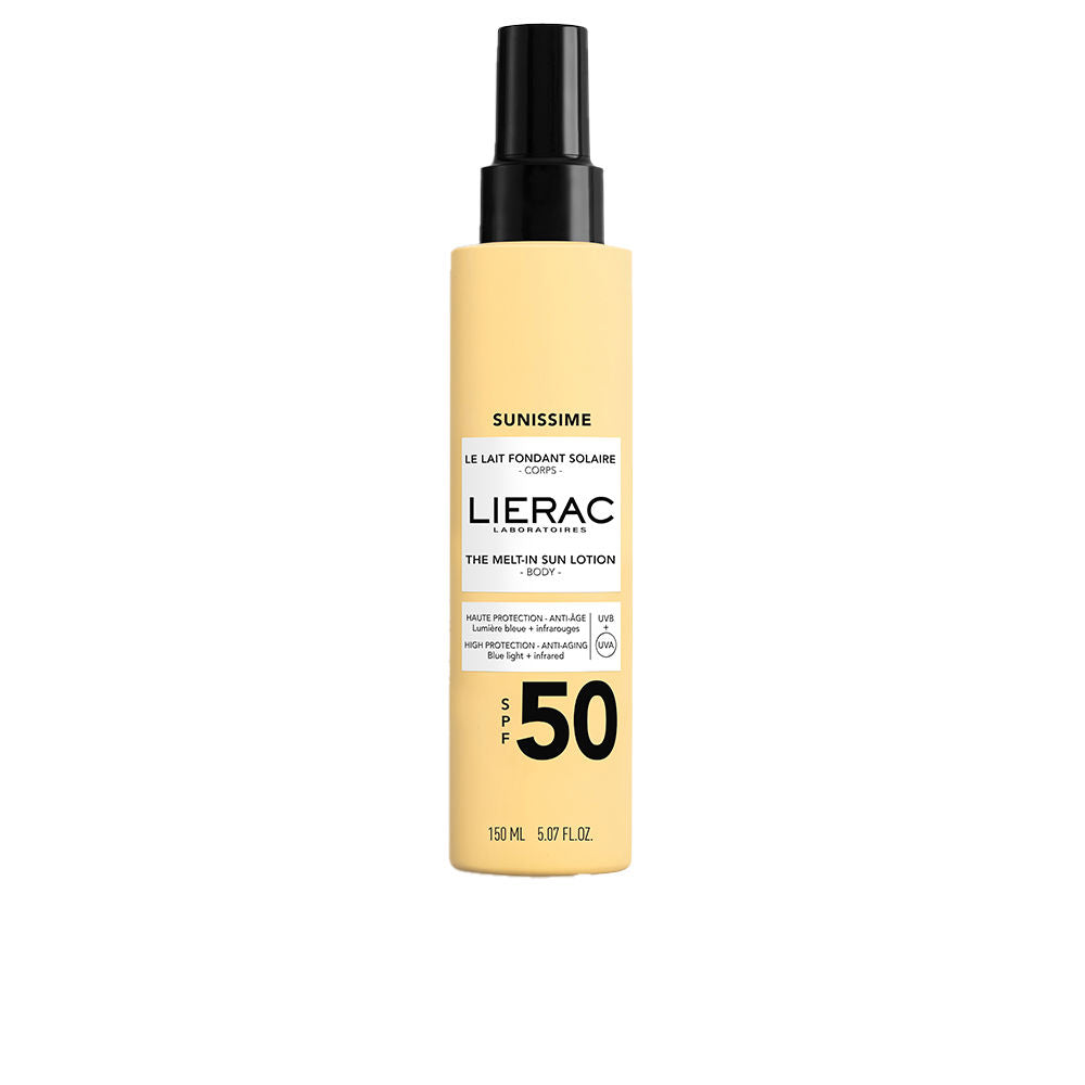 Bottle of Lierac Sunissime SPF 50 sun milk, sun care product for body