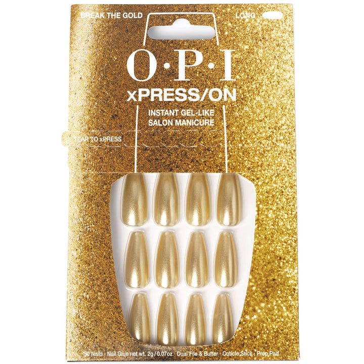 Thirty gold foil press-on artificial nails with adhesive and prep tools in kit
