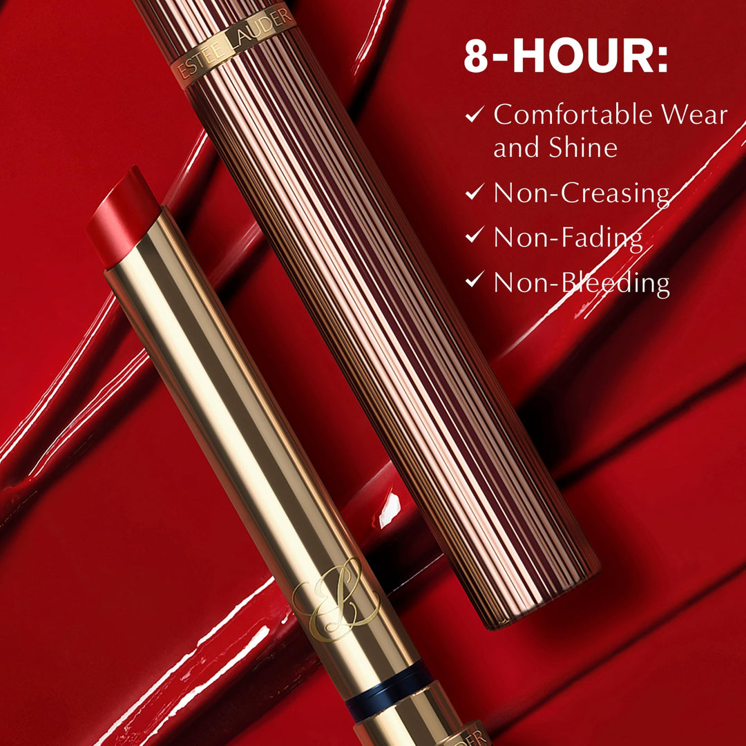 Estée Lauder Rose-gold capped lip gloss wand applying glossy vibrant pink color, expert-crafted finish