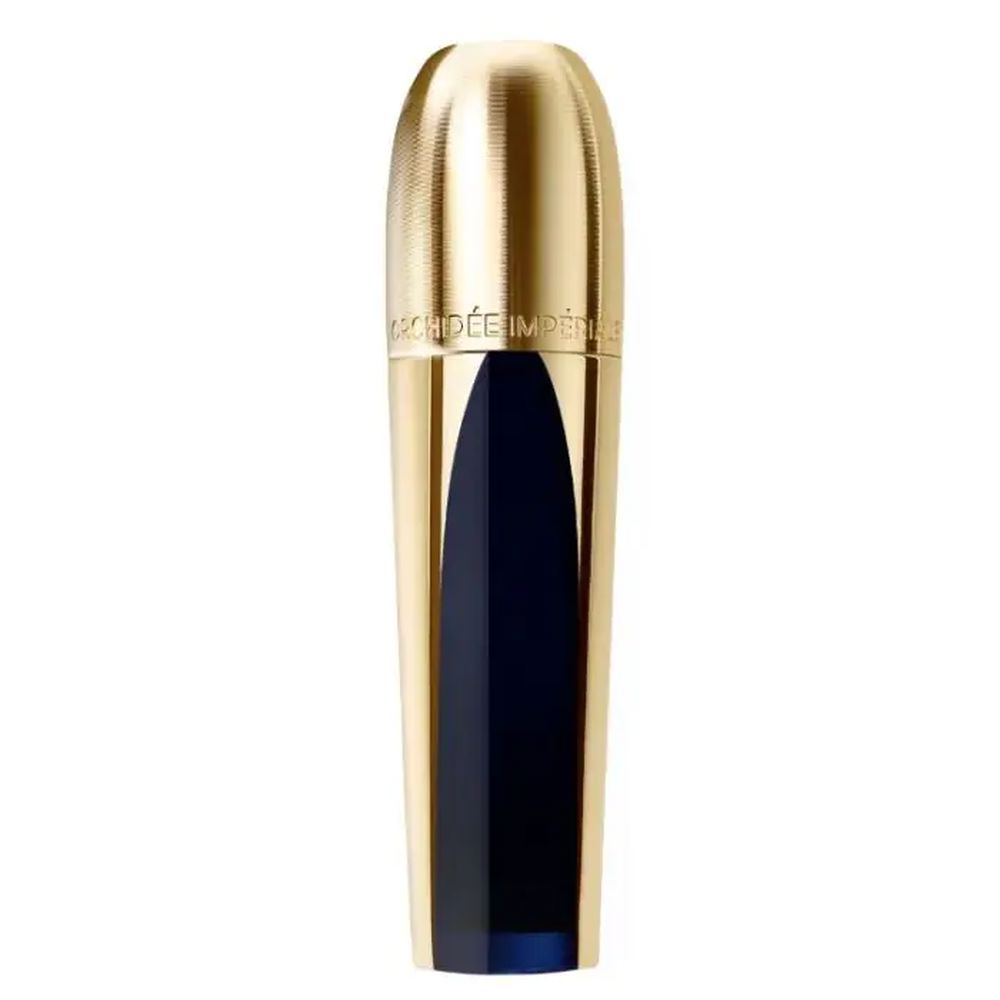 Frasco de vidrio elegante de Guerlain Orchidée Impériale concentrado, tono dorado refinado