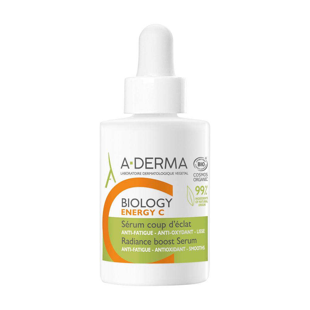 Clear gel serum bottle labelled A‑DERMA BIOLOGY ENERGY C on white background