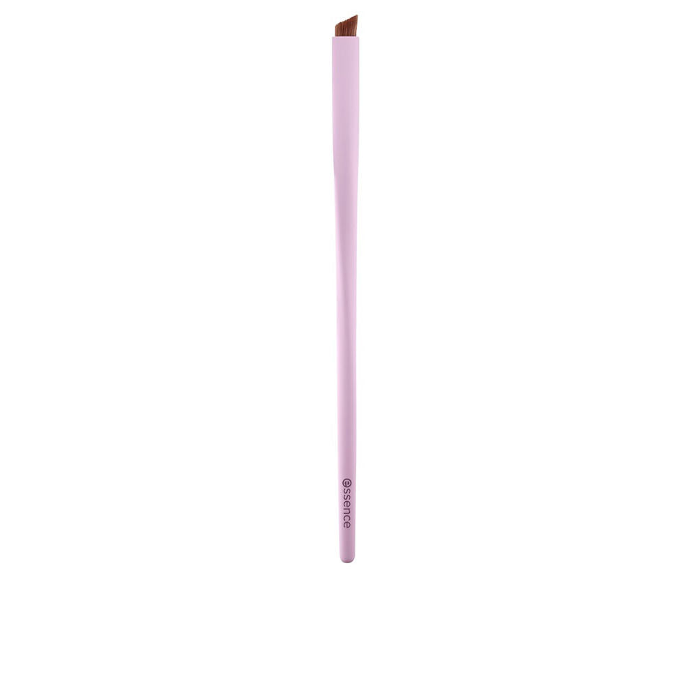 Essence Pink angled eyebrow brush with thin plastic handle, synthetic bristles and printed brand logo